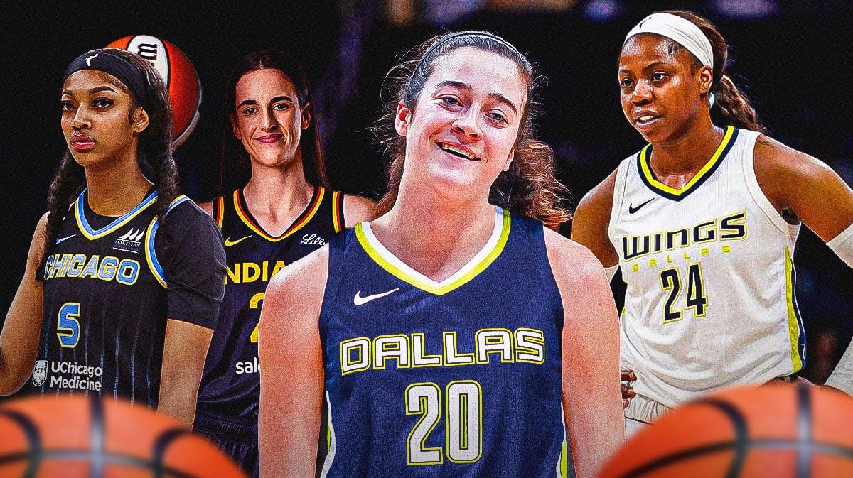 Dallas Wings' Maddy Siegrist in front smiling. In background, need Indiana Fever's Caitlin Clark and Chicago Sky's Angel Reese on left. Need Dallas' Wings' Arike Ogunbowale on right.