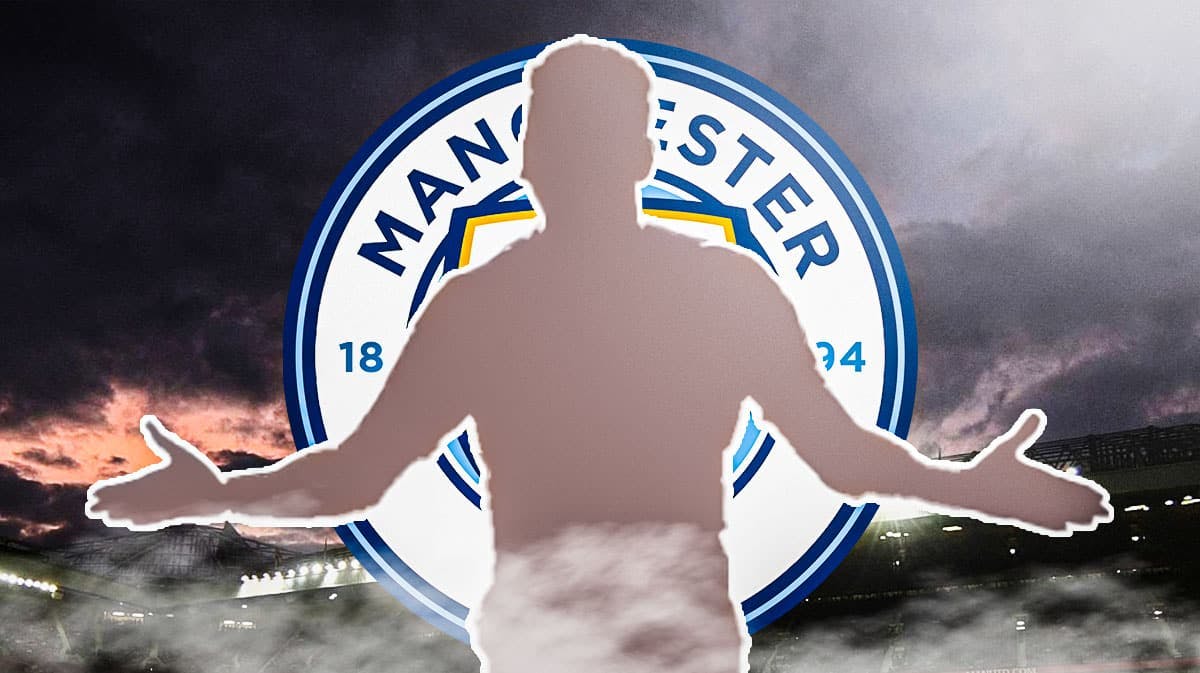 The silhouette of Rodrygo in front of the Manchester City logo