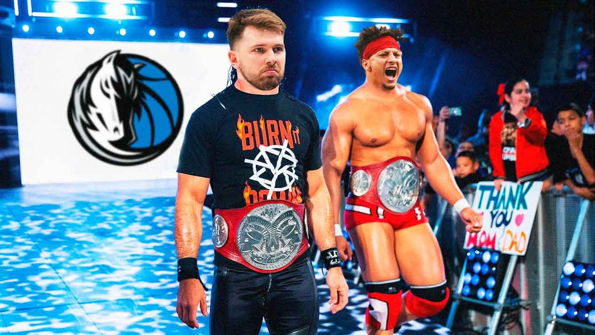 Luka Doncic (Maverick) as the LEFT guy and Patrick Mahomes (Chiefs) as the RIGHT wrestler