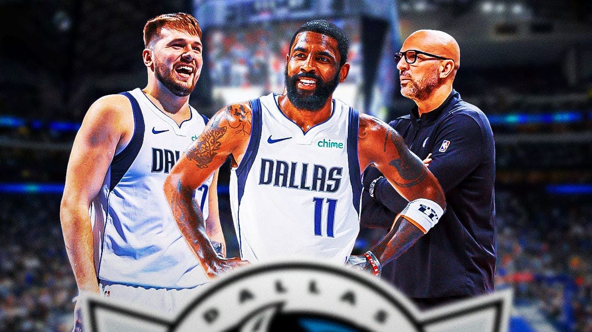 Dallas Mavericks stars Kyrie Irving and Luka Doncic along with head coach Jason Kidd in front of American Airlines Center.