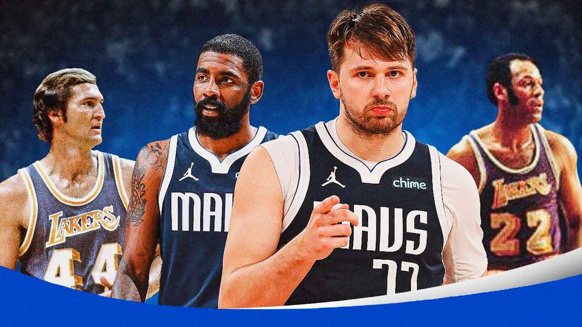 Mavericks' Luka Doncic and Kyrie Irving hyped up together, with 1962 Elgin Baylor and Jerry West beside them in Lakers uniform