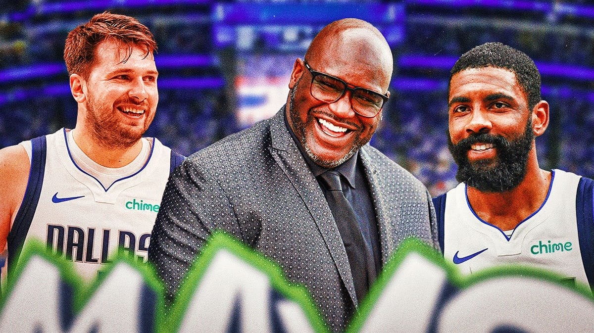 Shaq, Luka Doncic, and Kyrie Irving smiling.