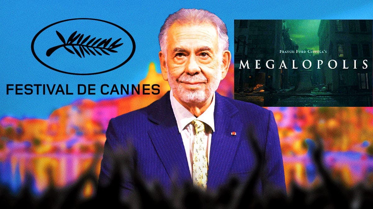 Francis Ford Coppola with Megalopolis logo and Cannes Film Festival logo and background.