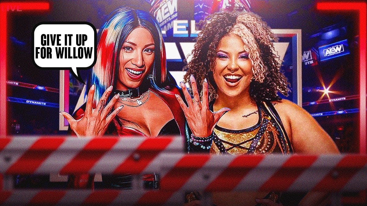 Mercedes Mone with a text bubble reading "Give it up for Willow" next to Willow Nightingale with the AEW Dynamite logo as the background.
