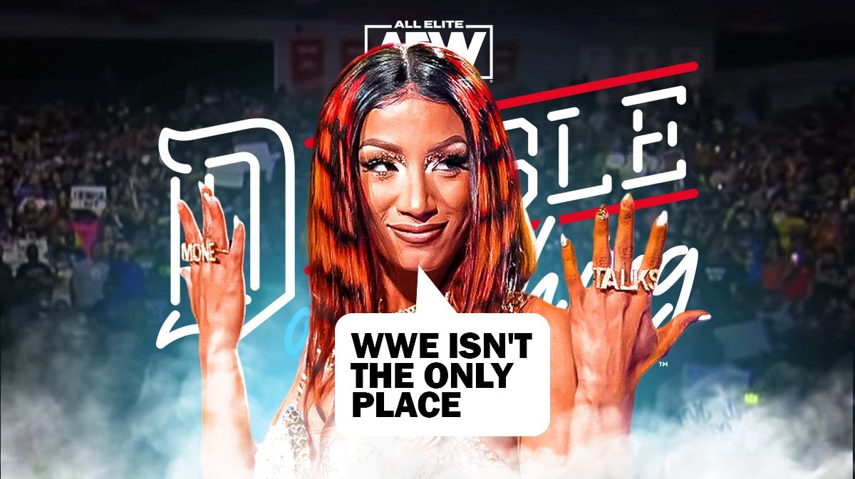 Mercedes Mone with a text bubble reading "WWE isn't the only place" with the AEW Double or Nothing logo as the background.
