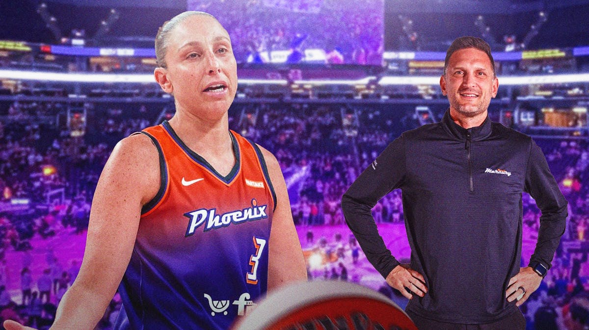 Diana Taurasi alongside Nate Tibbetts with the Phoenix Mercury arena in the background