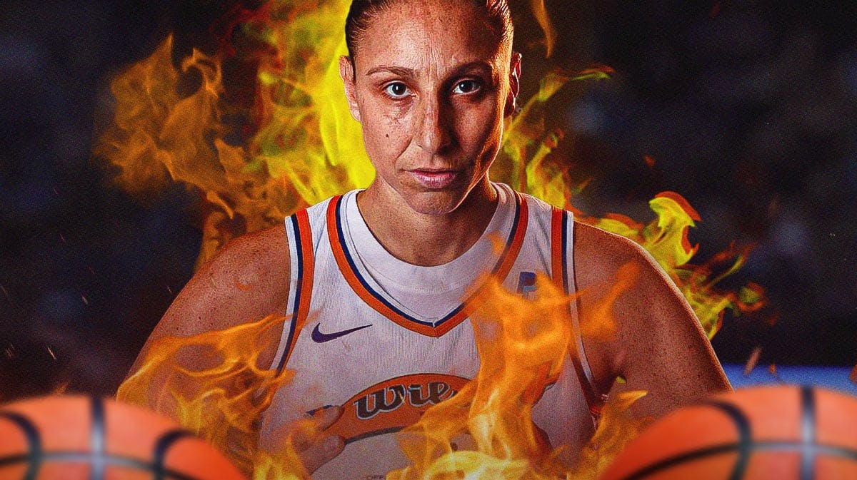 Phoenix Mercury player Diana Taurasi, surrounded by fire in front of a crowd