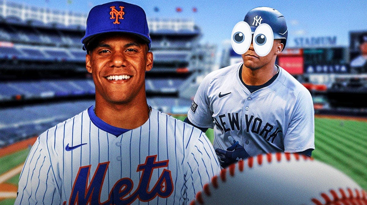 Juan Soto in a Mets uniform on left. Yankees' Juan Soto on right with eyes popping out looking at Soto in a Mets uniform.