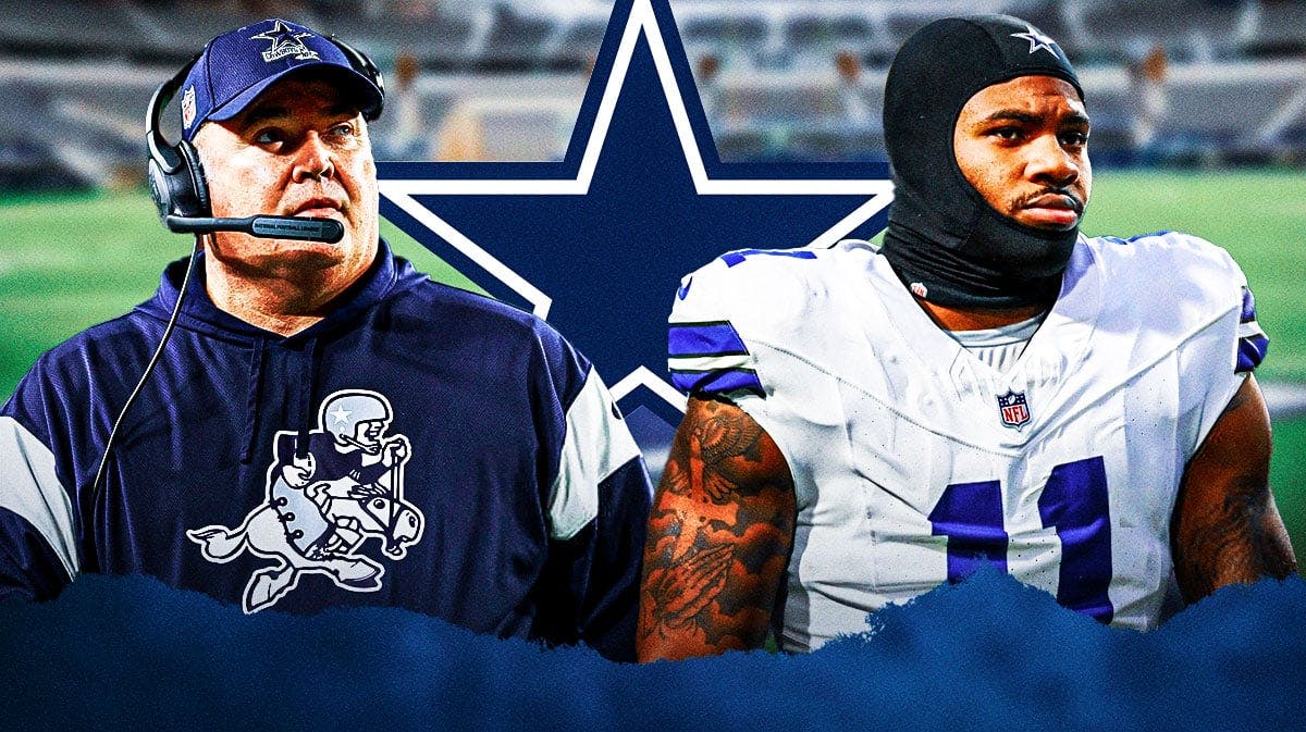 Dallas Cowboys head coach Mike McCarthy and linebacker Micah Parsons. There is also a logo for the Dallas Cowboys