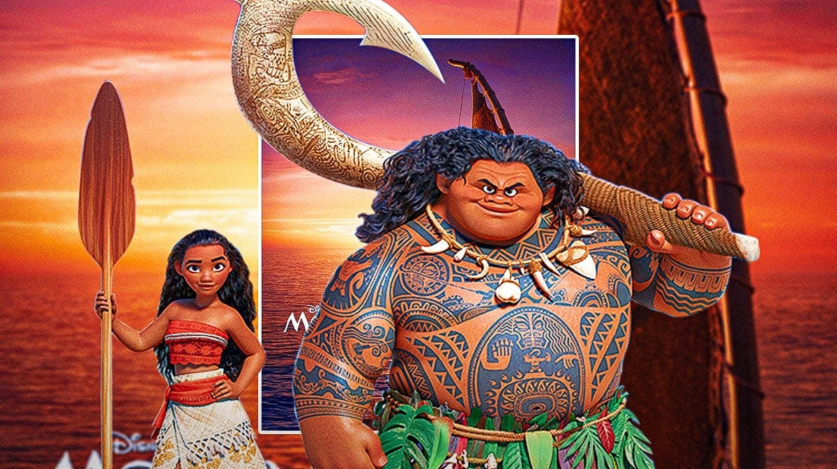 Moana 2 poster with Maui (Auli'i Cravalho) and Maui (Dwayne Johnson).