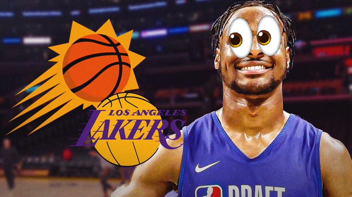 Bronny James looking at Suns and Lakers logos with bulging eyes.