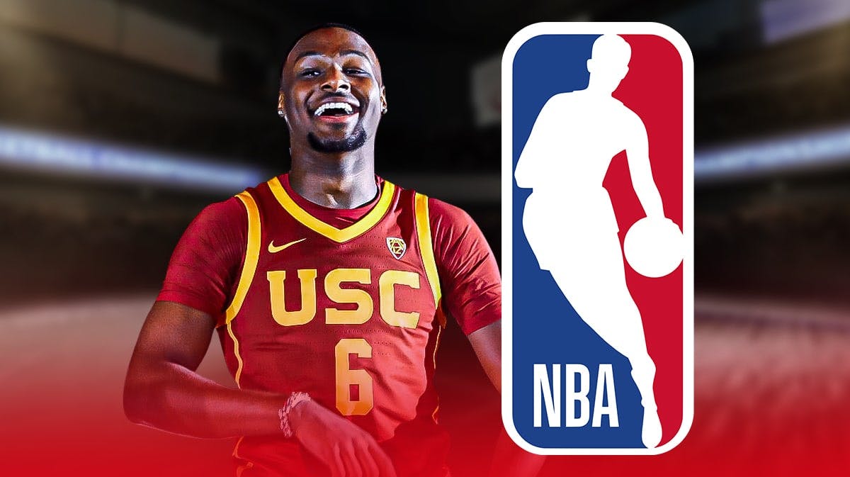 USC basketball's Bronny James smiles next to NBA Draft Combine logo