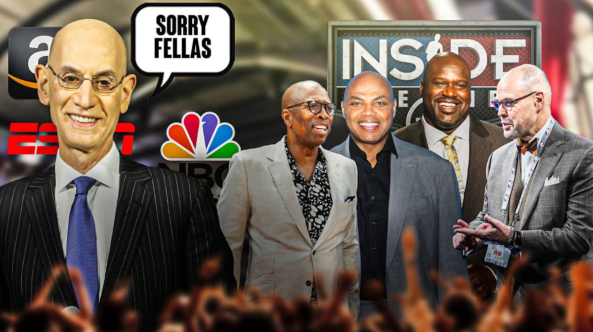 Adam Silver with ESPN, Amazon and NBC logos saying "Sorry fellas" next to Inside the NBA crew
