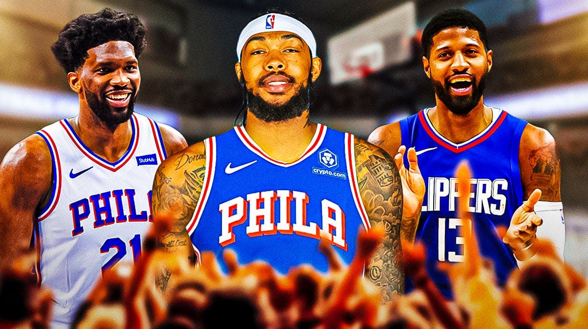 Pelicans' Brandon Ingram in a 76ers uni, with Paul George smiling in a Clippers uni and Joel Embiid alongside Ingram