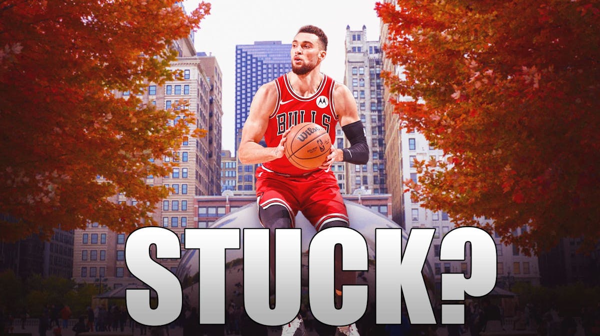 Bulls' Zach LaVine sitting on top of Cloud Gate, with caption below: STUCK?
