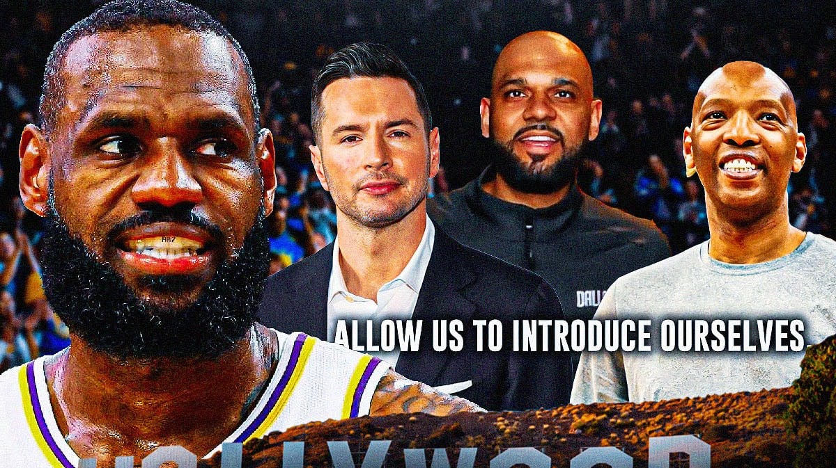 JJ Redick, Jared Dudley, and Sam Cassell all smiling, with Lakers' LeBron James looking serious, caption below: Allow us to introduce ourselves