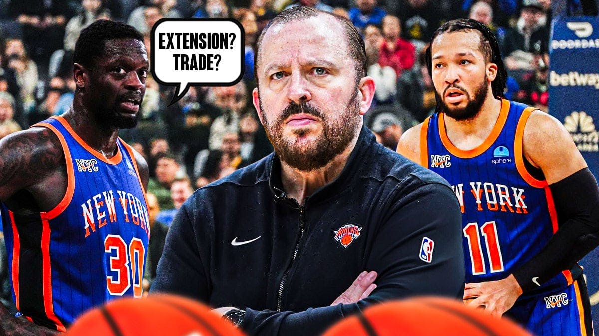 Knicks' Julius Randle saying "Extension? Trade?" next to Jalen Brunson and Tom Thibodeau