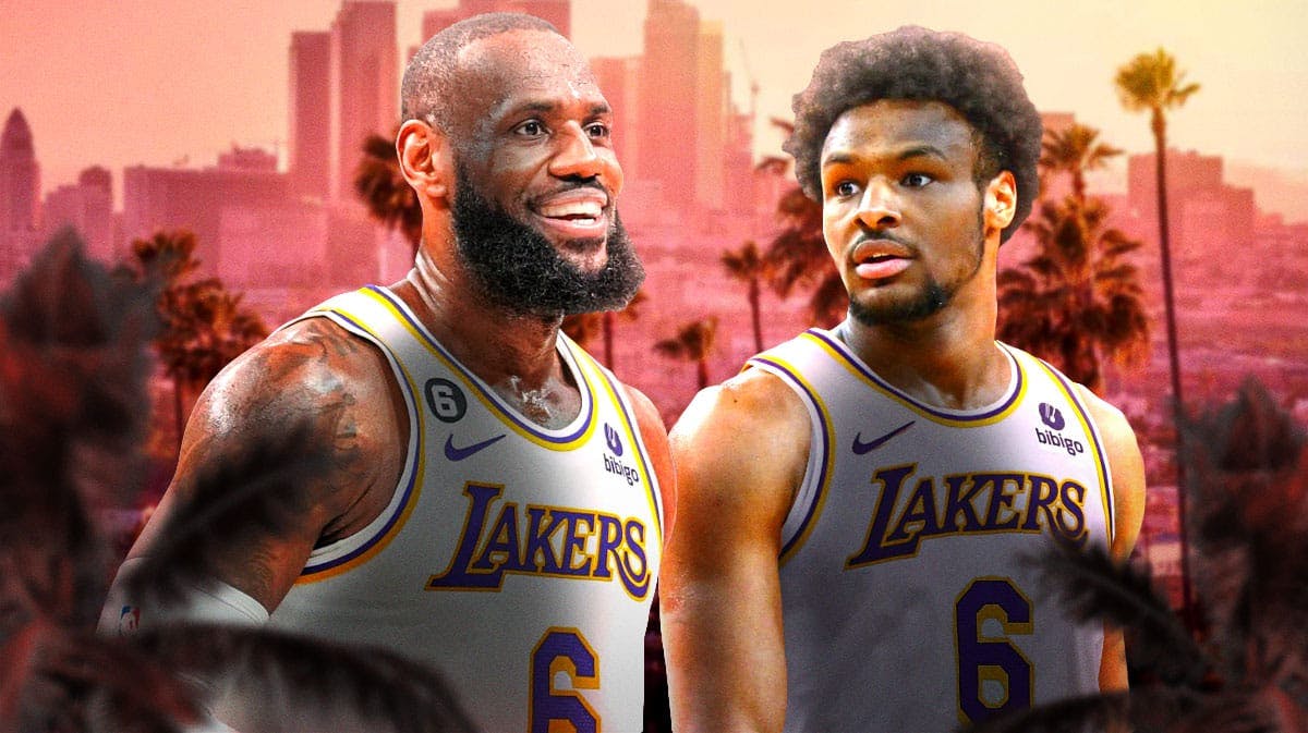 LeBron James and Bronny James next to each other in Lakers uniforms