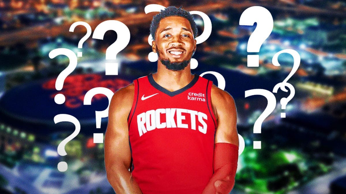 Donovan Mitchell in Rockets jersey with question marks around him