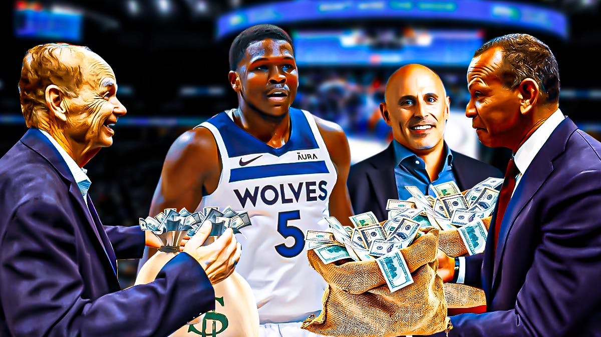 Timberwolves' Glen Taylor on the left holding money bags, Alex Rodriguez and Marc Lore on the right holding money bags, with Anthony Edwards in the middle looking frustrated