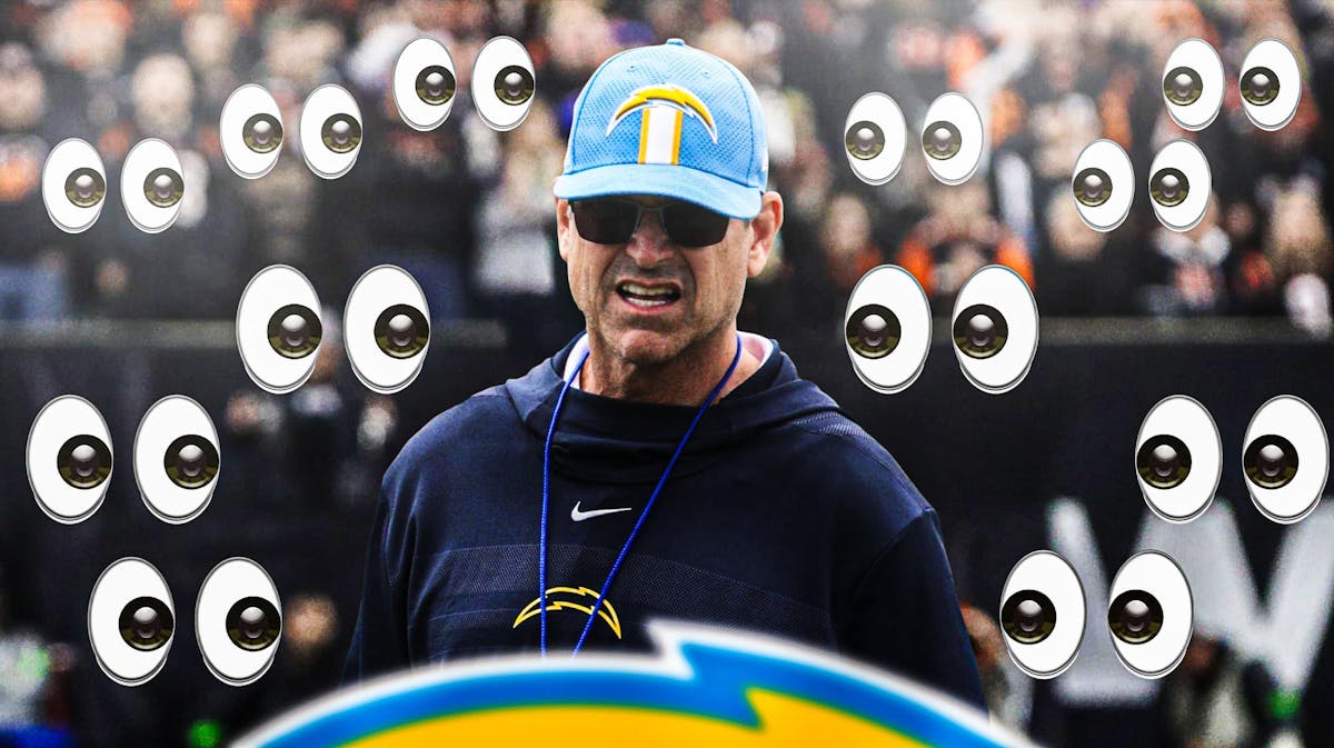 Jim Harbaugh in Chargers gear, eyeball emojis all around