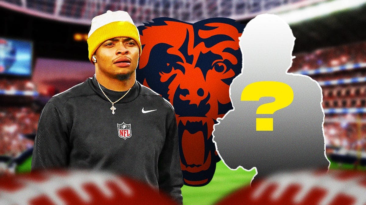 Pittsburgh Steelers QB Justin Fields next to a silhouette of an American football player with a big question mark in the middle. There is also a logo for the Chicago Bears.