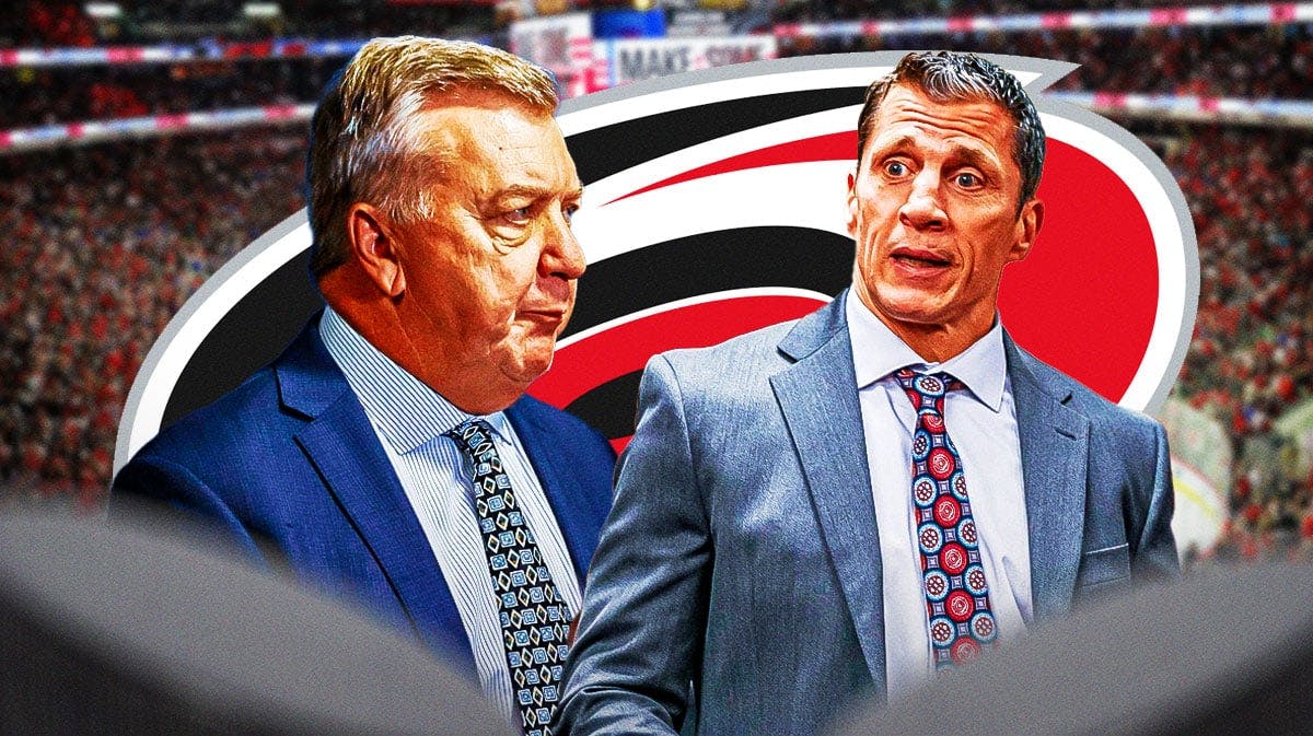 Rod Brind'Amour and Don Waddell both in image looking thoughtful, Carolina Hurricanes logo, hockey rink in background