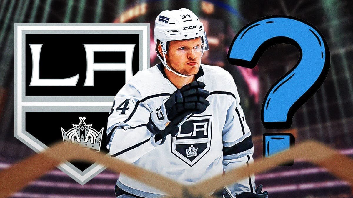 Los Angeles Kings forward Arthur Kaliyev is in the middle of the picture. On the left side is a logo for the Los Angeles Kings and on the right is a giant question mark.