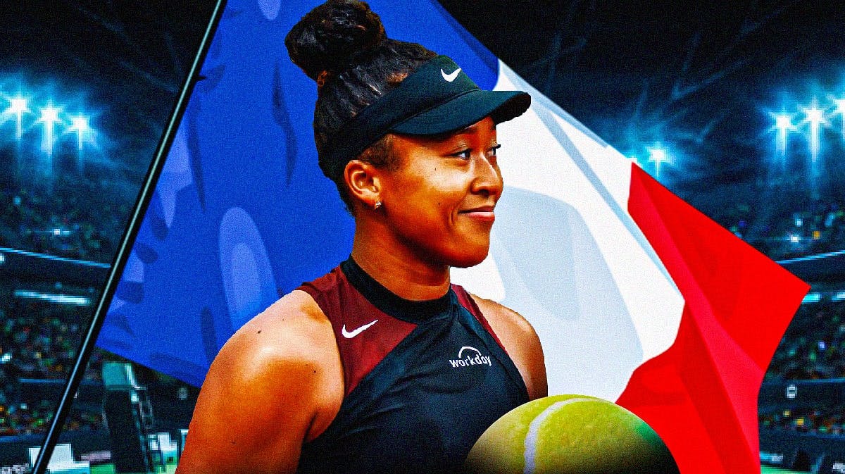 Tennis player Naomi Osaka, actively playing tennis, with tennis balls and the French flag
