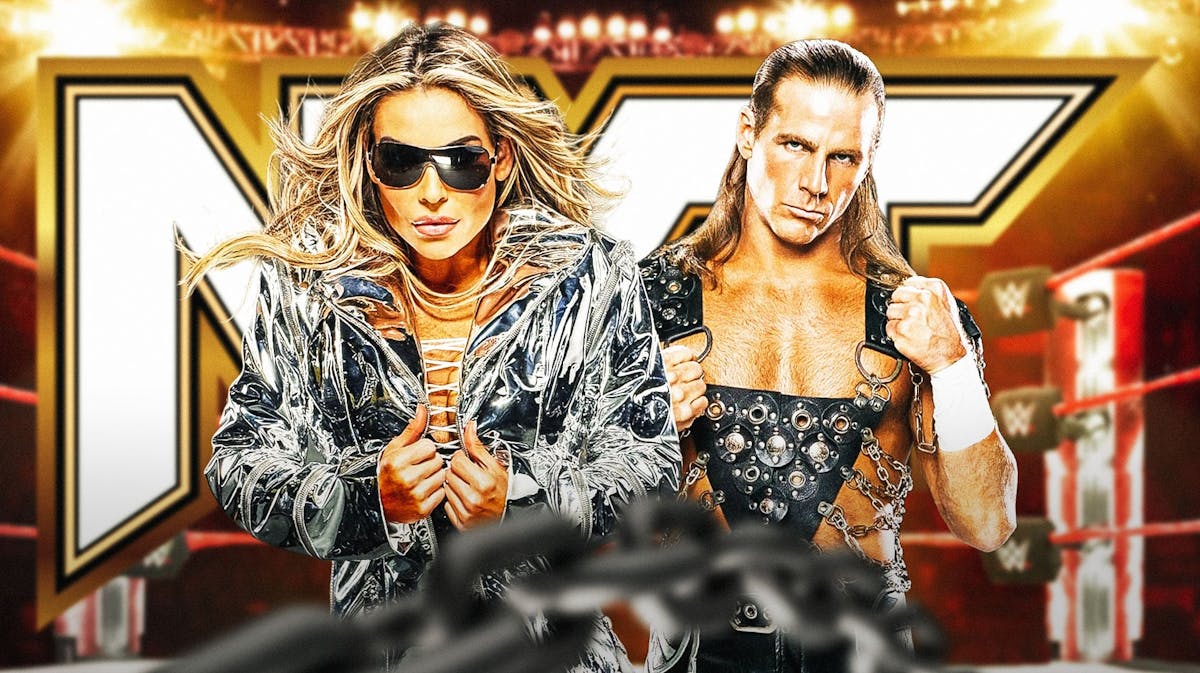2024 Natalya next to Shawn Michaels with the NXT logo as the background.