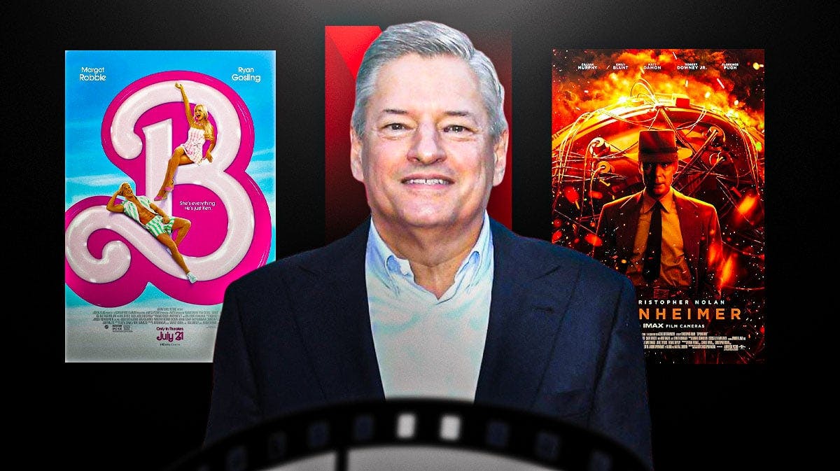Netflix logo and CEO Ted Sarandos with Barbenheimer movies Barbie and Oppenheimer.