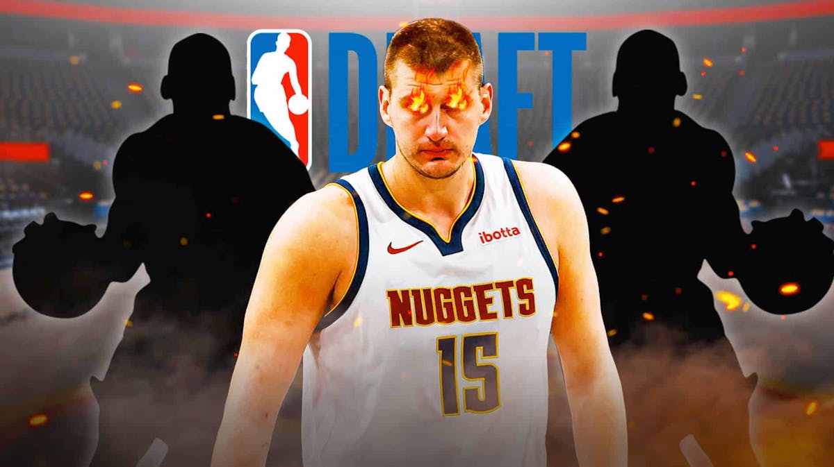 Nikola Jokic with fire in his eyes, silhouettes of players and NBA Draft logo in the background