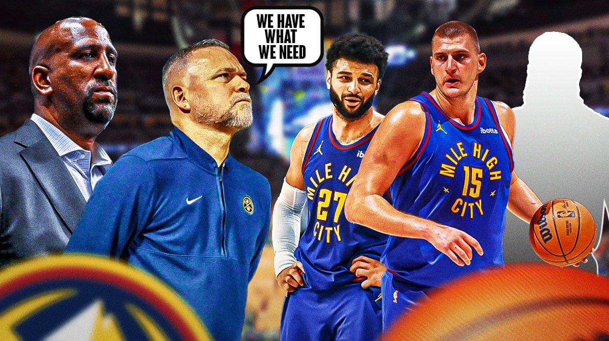 Nuggets' Calvin Booth and Michael Malone saying "We have what we need" next to Jamal Murray and Nikola Jokic
