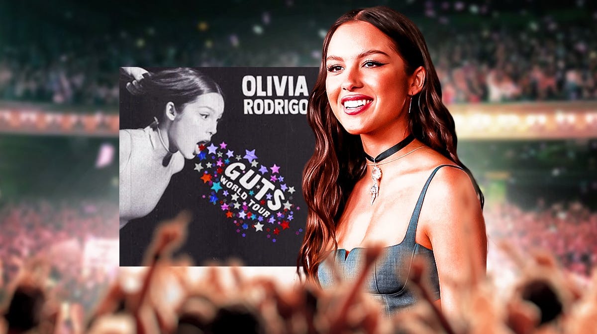 Olivia Rodrigo and Guts world tour logo with concert crowd background.