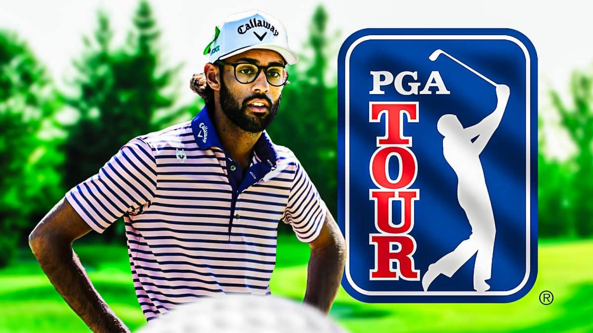 PGA golfer Akshay Bhatia with a logo for the PGA Tour.