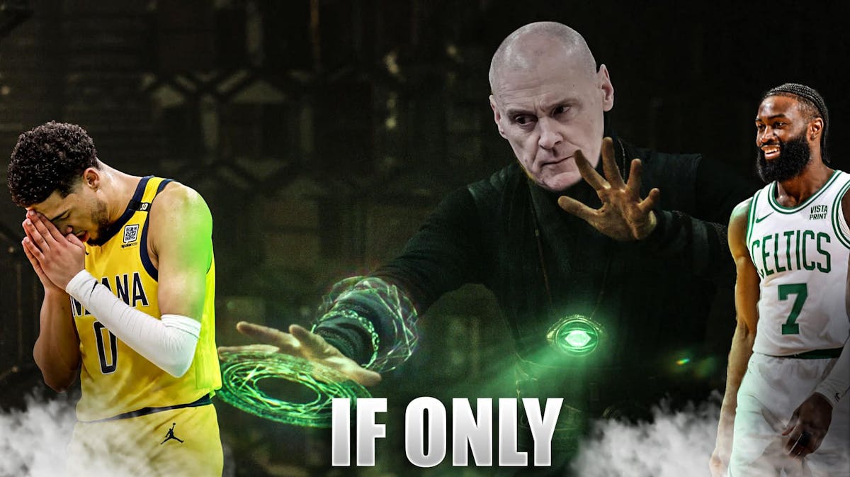 Pacers' Rick Carlisle using the time stone, with Tyrese Haliburton sad and Celtics' Jaylen Brown happy beside Carlisle, with caption below: IF ONLY