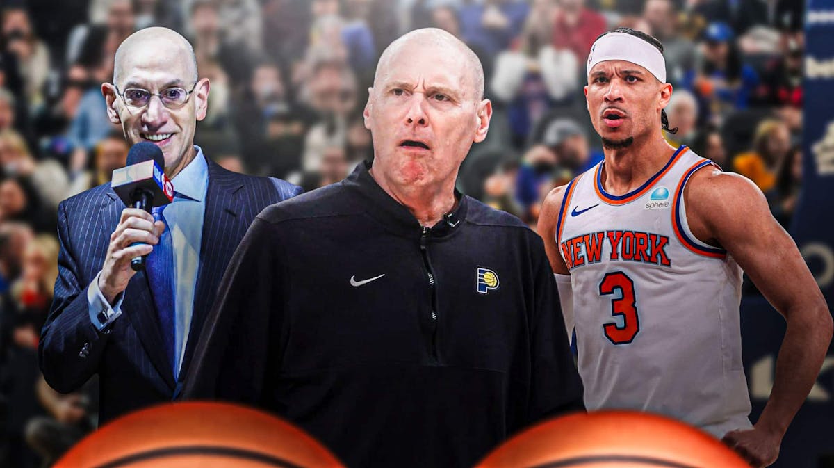 Pacers' Rick Carlisle angry, Adam Silver and Knicks' Josh Hart looking at Carlisle with serious faces