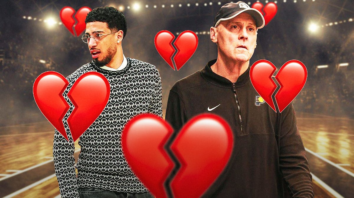 Pacers' Rick Carlisle sad, Tyrese Haliburton in casual clothes beside Carlisle, with heartbreak emoji all over them