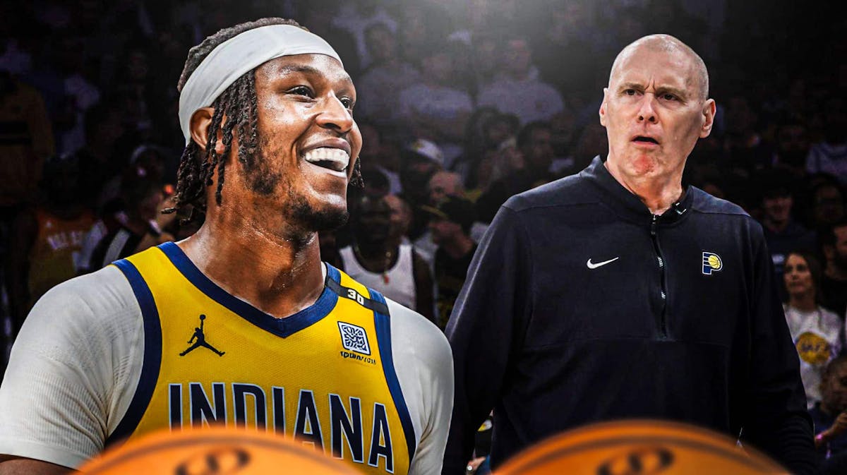 Indiana Pacers player Myles Turner and coach Rick Carlisle