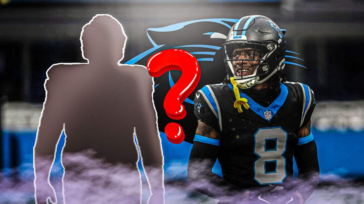 Carolina Panthers cornerback Jaycee Horn next to a silhouette of an American football player with a big question mark in the middle. There is also a logo for the Carolina Panthers.