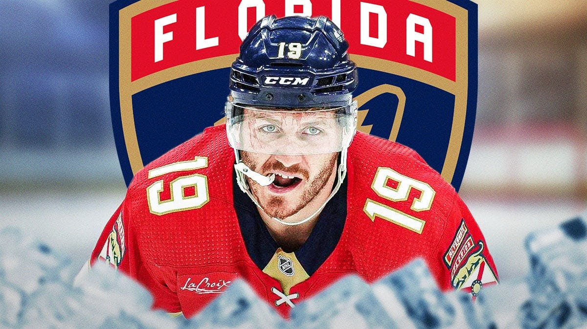 Matthew Tkachuk looking happy with fire around him, Florida Panthers logo, hockey rink in background