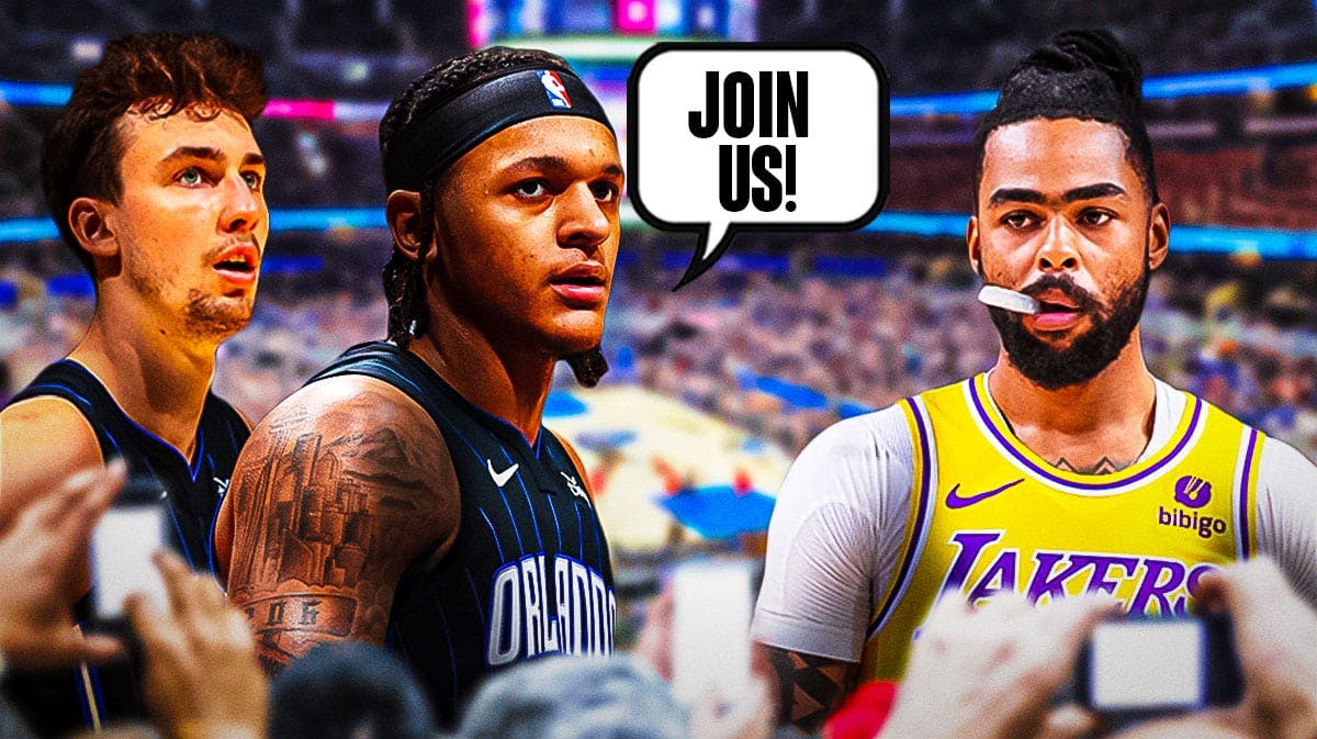 Paolo Banchero and Franz Wagner on one side with a speech bubble that says "Join us!" D'Angelo Russell on the other side