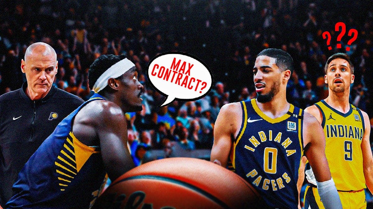 Pacers' Pascal Siakam saying "Max contract?" next to Rick Carlisle, Tyrese Haliburton and TJ McConnell