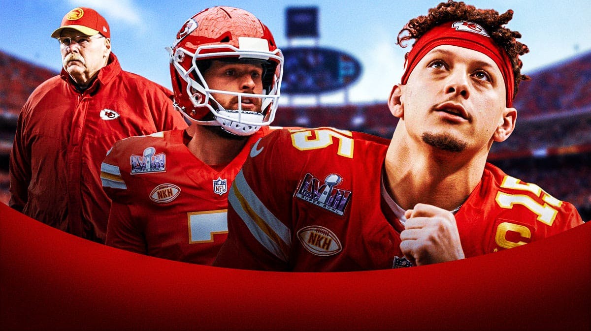 Patrick Mahomes and Andy Reid beside Chiefs Harrison Butker