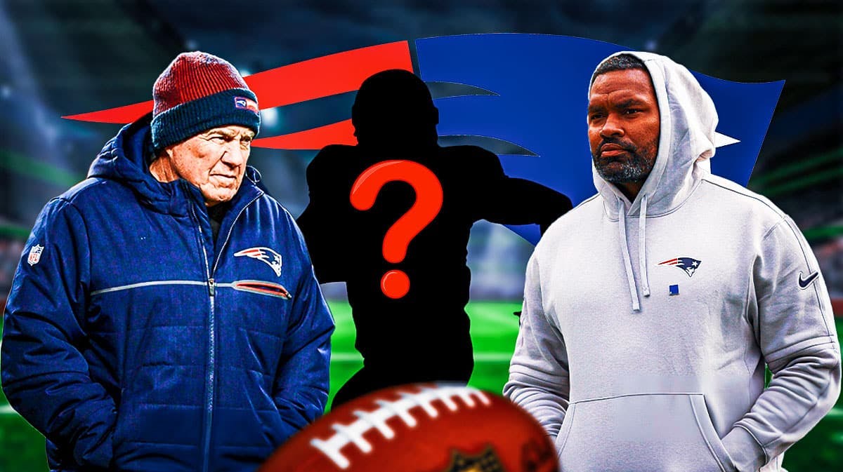 New England Patriots head coach Jerod Mayo with former head coach Bill Belichick and a silhouette of an American football player with a big question mark in the middle. There is also a logo for the New England Patriots.