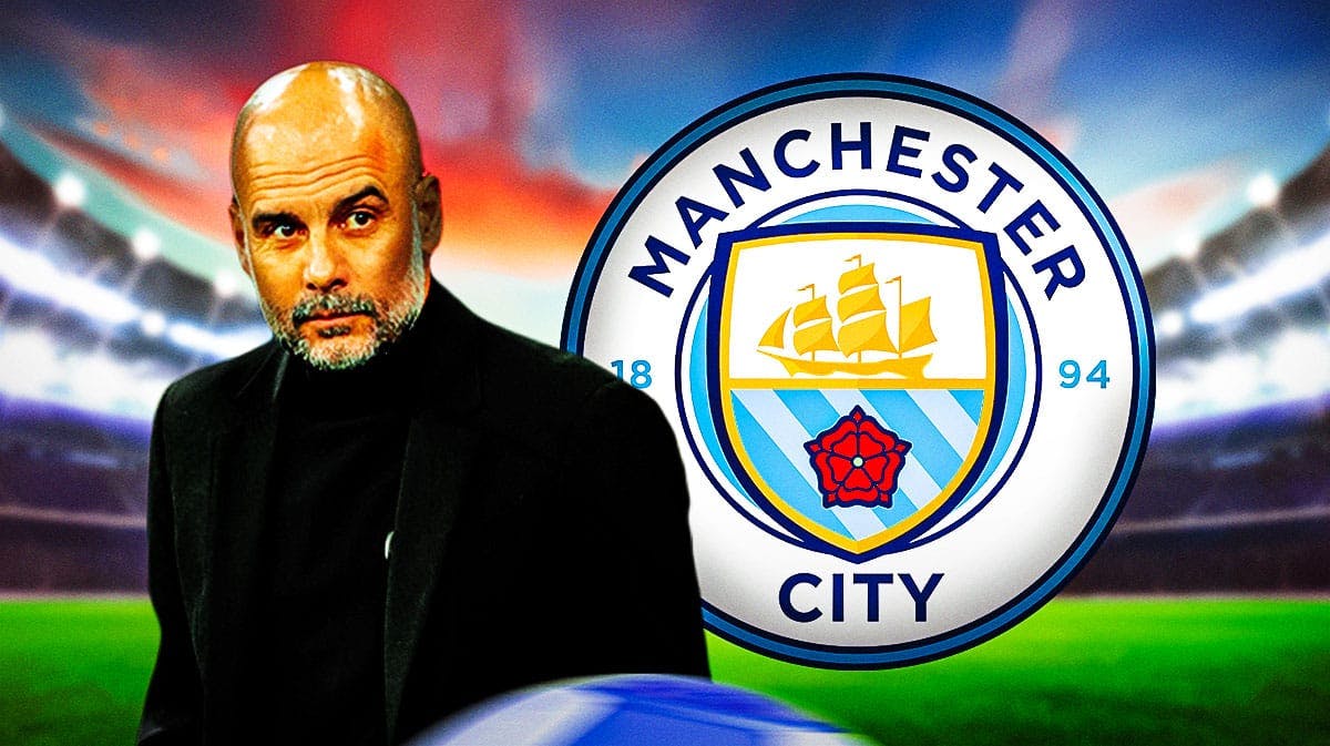 Pep Guardiola in front of the manchester City logo and an exit door