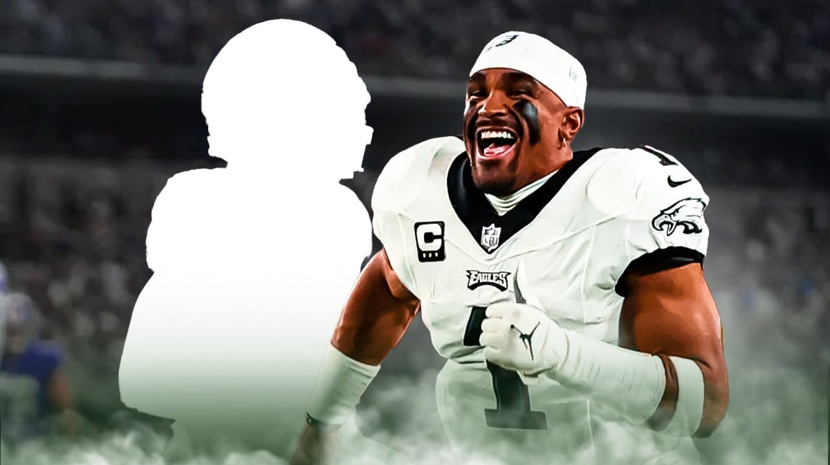 Eagles quarterback Jalen Hurts smiling next to a silhouette of John Ross III