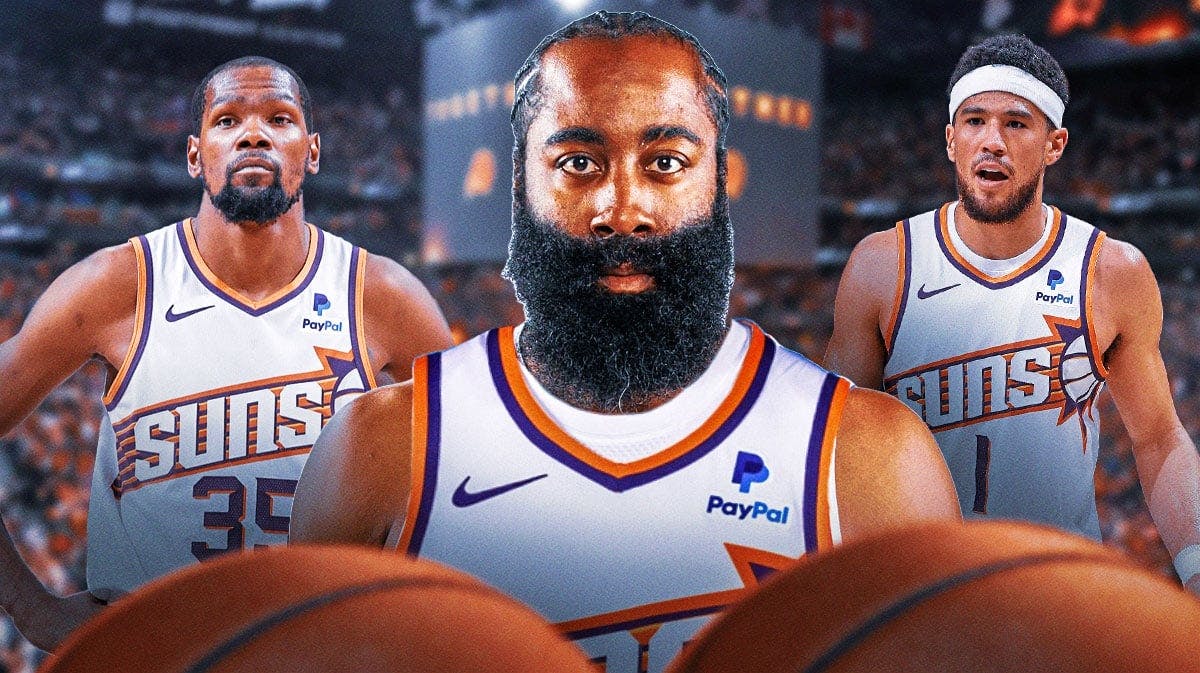 James Harden in Suns jersey with Kevin Durant and Devin Booker in background