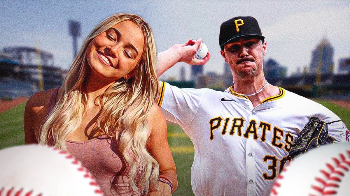 Olivia Dunne wearing normal clothes smiling on left. On right, have Pirates' Paul Skenes pitching a baseball.