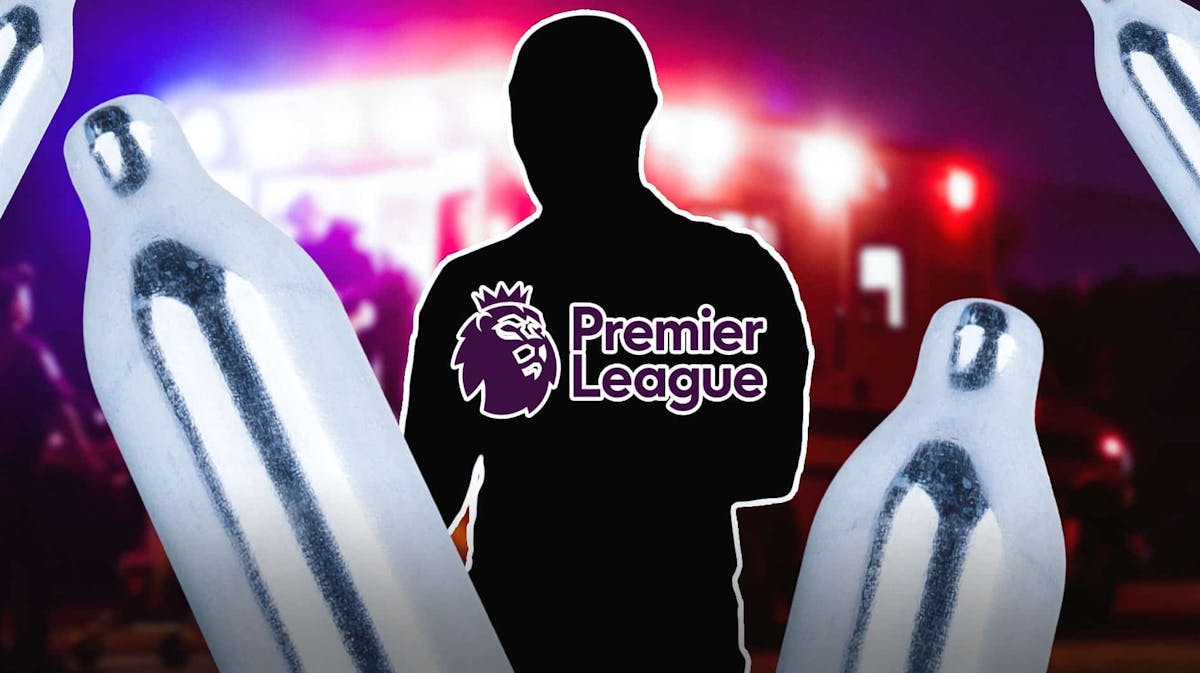 The silhouette of a football player next to laughing gas canisters, an ambulance car in the back and the Premier League logo
